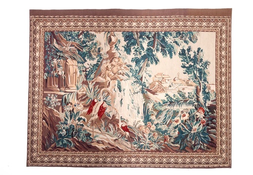 [6610] Tapiz Aubusson de lujo. Diseño floral clásico. Hecho a mano. Añade elegancia a cualquier habitación.